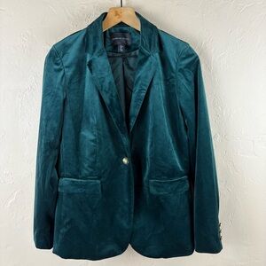 Adrienne Vittadini Elegant Green Velvet Blazer Flap Pockets Gold Buttons Small